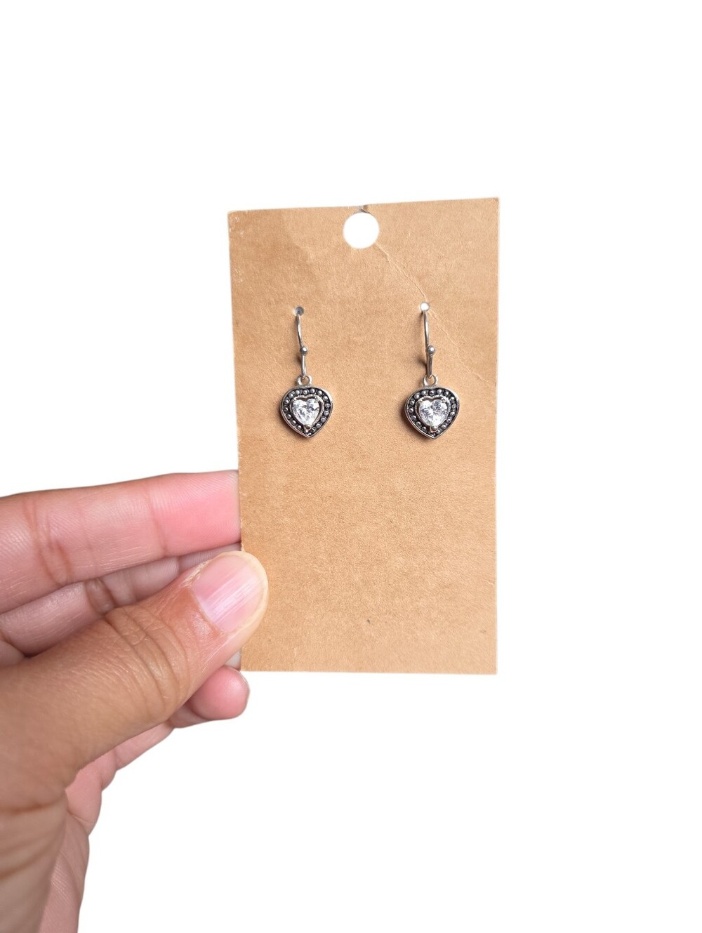Silver Toned Heart Drop Earrings with Clear Crystal Accent 1"